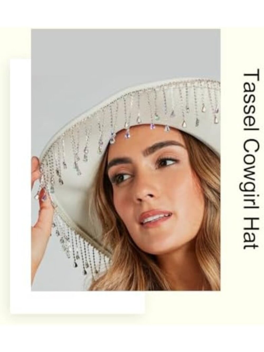Rhinestone Fringe White Cowboy Hat with Chin Cord - Stylish Western Cowgirl - Picture 6 of 7